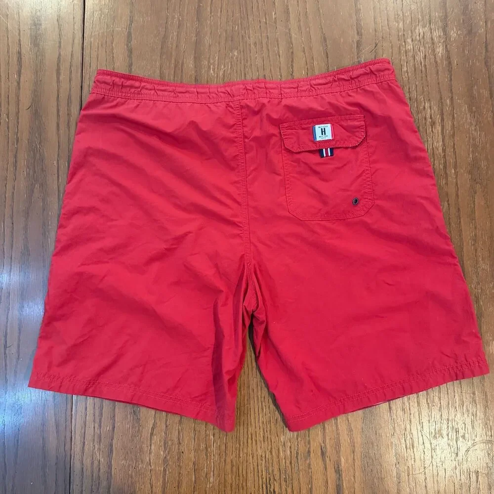 Tommy Hilfiger Swim Trunks Red Mesh Lined Drawstring Beach Shorts Flag Logo L